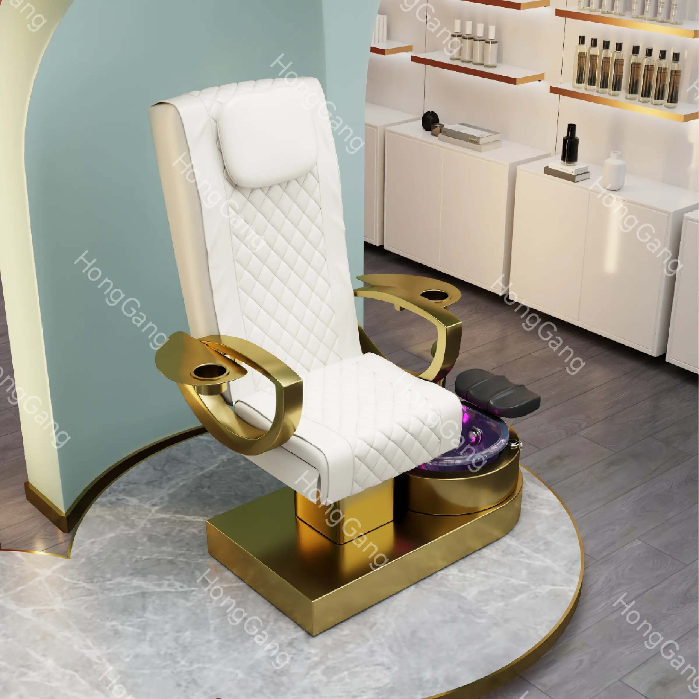 Silla de pedicura para masaje de pies, asiento dorado de lujo con 4 juegos de masaje, logotipo personalizable para tienda de belleza