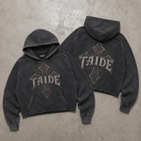 TaiDe Certifié ISO 500GSM Sweat à capuche court délavé à l'acide, motif croix gothique imprimé recto-verso, ourlet brut, coupe oversize, streetwear, vente en gros