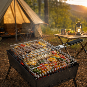 Cestello per <span class=keywords><strong>Barbecue</strong></span> Pieghevole Portatile <span class=keywords><strong>in</strong></span> <span class=keywords><strong>Acciaio</strong></span> <span class=keywords><strong>Inox</strong></span> con Manico <span class=keywords><strong>in</strong></span> Legno, Utensili per BBQ per Campeggio, Pesce, Carne, <span class=keywords><strong>Barbecue</strong></span> all'Aperto - Product Image 1