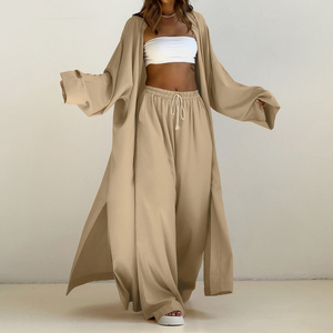 2025 caqui suelto Casual Loungewear verano pijamas pantalones y cárdigan largo mujeres <span class=keywords><strong>2</strong></span> piezas conjuntos para mujeres Robe Et Pantalon - Product Image 2