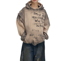 Sweat à capuche épais vintage délavé, effet usé et déchiré, style grunge, vierge pour impression DTG, vente en gros, fabricant de vêtements pour hommes