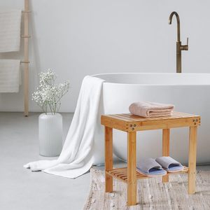 Bamboo <b>Bathroom</b> Bench With Storage Shelf 2 Tier Solid Wood Shower <b>Stool</b> For <b>Bathroom</b> - Product Image 3