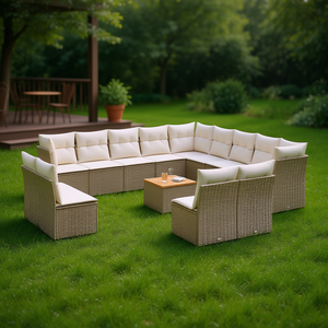 Conjunto de Sofás de Jardín Beige, Muebles de Ratán para Exteriores con Cojines de Espuma de Alta Densidad, Diseño Contemporáneo, Duradero para Uso en Patio - Product Image 2