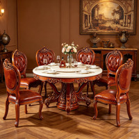Ensemble de salle à manger rond en bois massif sculpté à la main de style européen de luxe avec plateau en marbre naturel et chaises en cuir PU pour villa, hôtel, vente en gros