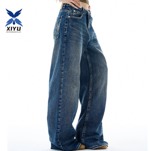 Pantalon évasé délavé en denim tissé teint, style streetwear décontracté rétro de haute qualité, coupe ample mi-longue, jambes larges, effet usé, délavage à la pierre, ODM - Product Image 4