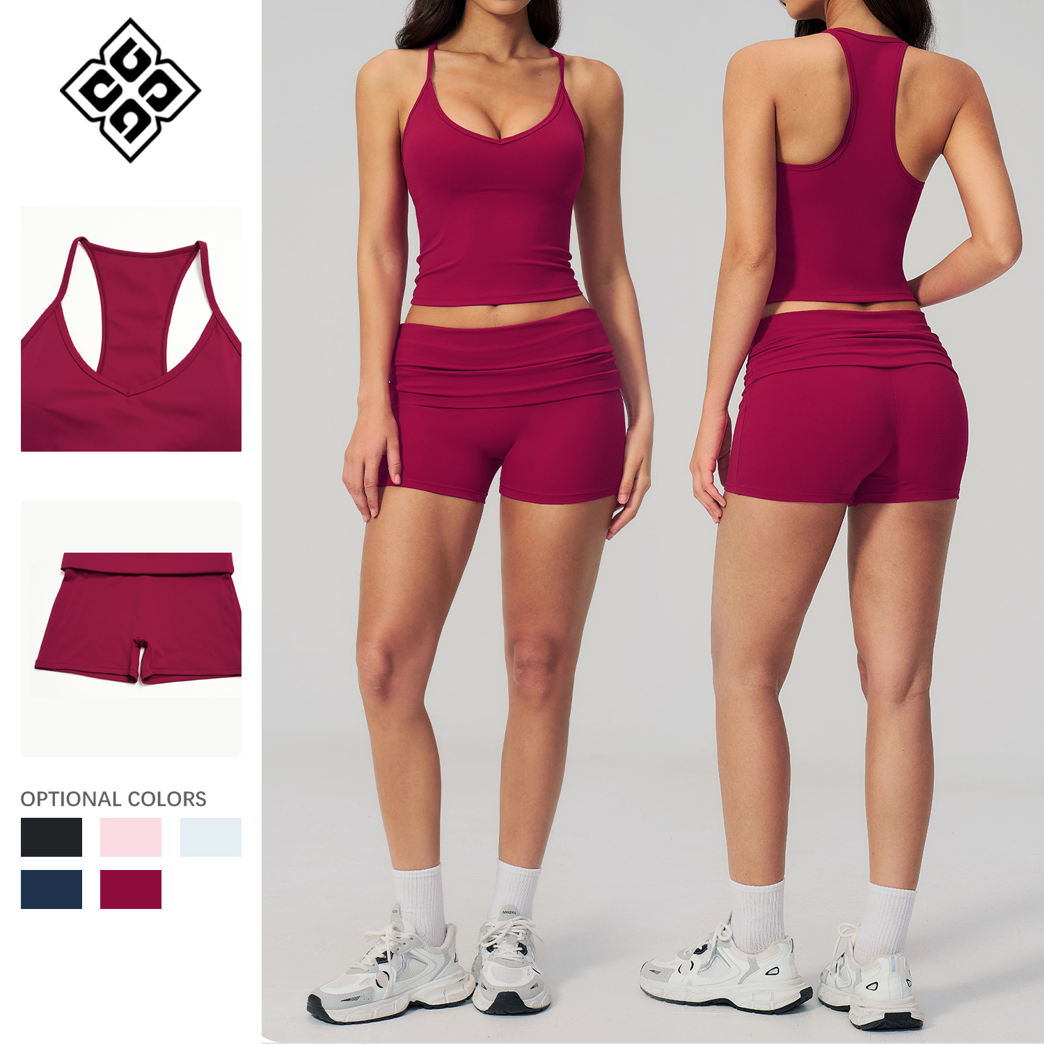 Yoga Suit Set Racerback Tank Top Foldover Waist Biker Shorts Fitness Wear Workout Outfit For Women Gym Pilates