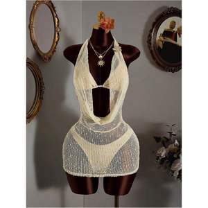 Traje de baño de 3 piezas personalizado para mujer, conjunto de bikini halter, vestido de punto de ganchillo, cintura ajustada, bodycon, pareo de playa - Product Image 1