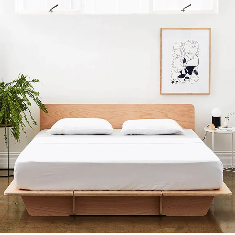 Wood beds apartment simple hotel panel bed modern minimalist bedroom furniture platform bed base lit camas