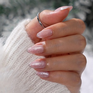 Uñas postizas francesas al por mayor, efecto ojo de gato rosa, almendradas, de gel suave, 3D, doradas, a presión - Product Image 1