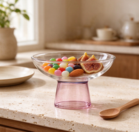 Bol à fruits en verre borosilicate transparent, base sur pied rose clair, large ouverture, plat de service pour desserts, collations, décoration de table