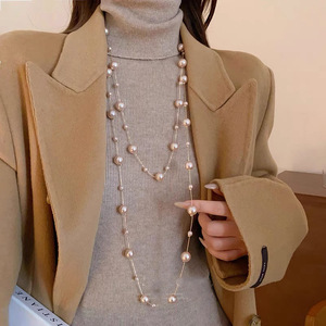 Multi Layered Pearl Necklace With Flower Design Zinc Alloy Sweater Chain For Women Fashion Jewelry Accessory - Product Image 4