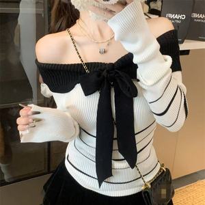 Customizable Elegant <b>Off</b>-Shoulder Women's Sweaters Anti-Wrinkle Color Block <b>Striped</b> Tops Bow Breathable for Winter Front - Product Image 4