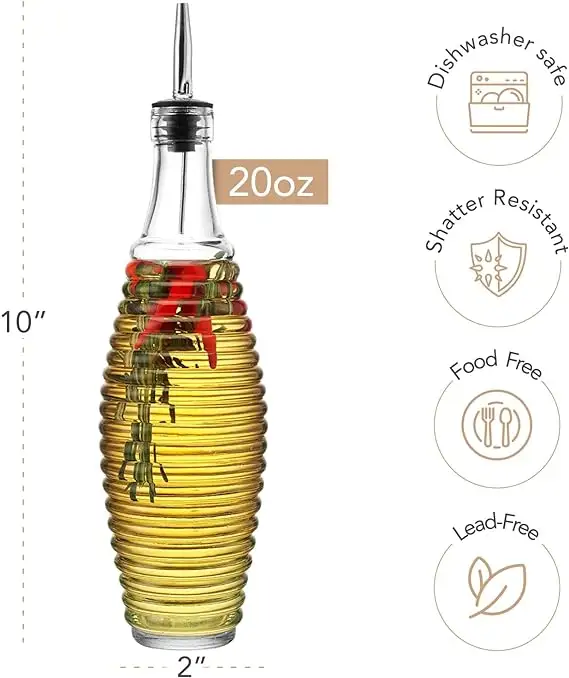 Botol pemisah minyak dan cuka, botol cuka kaca bening butir horizontal dengan nozel baja tahan karat 20oz