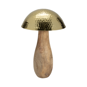 Scultura a forma di fungo in legno di mango con cappuccio in metallo martellato per decorazioni per la casa, soggiorno, scaffale, ufficio. - Product Image 1