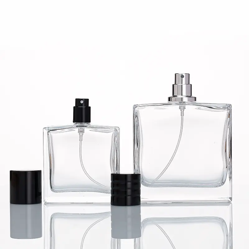 Luxo retangular grande capacidade transparente Oriente Médio Árabe 50 ml 100 ml vidro perfume frasco spray com tampa preta