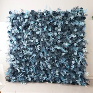 L08 3D Roll Up Fabric Cloth Artifical Flower Wall Panel Backdrop Blue Silk Artificial Rose Wall Flowers for Wedding Stage Decor