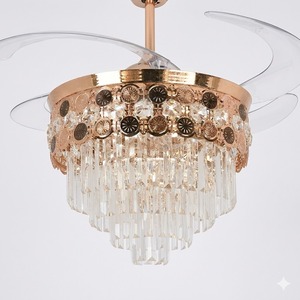 Ventilateur de plafond LED doré avec lustre en cristal, pales rétractables, télécommande, moteur silencieux, décoration de luxe pour la maison - Product Image 1