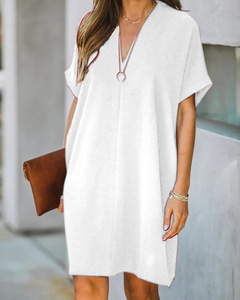 2024 décontracté Vintage noir t-shirt robe surdimensionné évasé à manches courtes col en <span class=keywords><strong>V</strong></span> solide t-shirt robes - Product Image 5