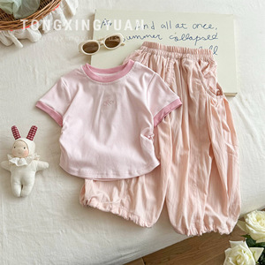Tongxingyuan Girls Summer Outfit Set Short Sleeve Cotton Two Piece Thin Solid Color Children's Clothing - Product Image 5