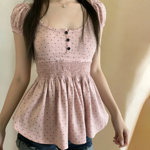 Blusa de lunares Y2K para mujer al por mayor, estilo coreano dulce con cuello de muñeca y manga abullonada, ideal para el verano. - Product Image 1