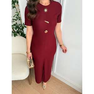 Elegante Vestido Tubo con Cuello Redondo, Manga Media, Cintura Natural y Detalle de Abertura para Noche - Product Image 1