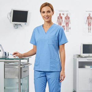 Women's Light Blue V-Neck <b>Scrub</b> <b>Top</b> With Pockets Cotton Polyester Hospital Uniform For Medical Staff - Product Image 1