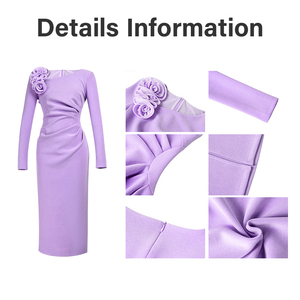 ZYHT 21935 <span class=keywords><strong>Abito</strong></span> <span class=keywords><strong>Midi</strong></span> <span class=keywords><strong>Monospalla</strong></span> Naturale ed Elegante con Maniche Lunghe, Corpetto Arricciato e Decorazioni Floreali 3D, Vestito Aderente - Product Image 4