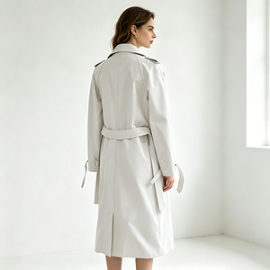 Abrigo Trench de <span class=keywords><strong>Mujer</strong></span> al por Mayor Color Marfil con Botones y Solapa, Impermeable, Ecológico, Fino, Estilo Casual, Liso, para Primavera y Otoño - Product Image 2