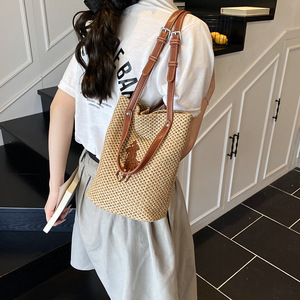 Yula Raffia Straw Woven Bucket Bag Khaki <b>Medium</b> Summer 2025 Beach Tote Shoulder <b>Handbag</b> - Product Image 3