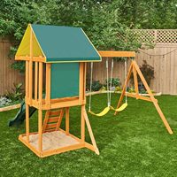 Vente directe d'usine : Ensemble de balançoires en bois Appleton avec mur d'escalade, toboggan ondulé, auvent en vinyle, 2 balançoires, zone de sable, pour les enfants de 3 ans et plus