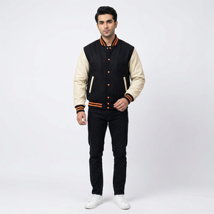 Blouson Bomber Baseball Varsity Style Letterman Tendance avec Patchwork Sportif, Couleurs d'Équipe Hiver, Tissu Toile Personnalisable - Product Image 1