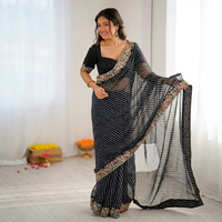 Elegante sari etnico in georgette con ricami bandhani e blusa in seta, abbigliamento regionale non cucito per occasioni festive