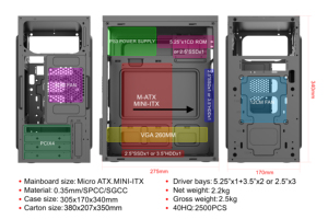 Boîtier de <span class=keywords><strong>PC</strong></span> de jeu RGB pour ordinateur OEM, tour complète en aluminium, avec ports USB sur le devant, compatible avec les cartes mères Micro ATX - Product Image 3