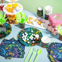 Ensemble de vaisselle pour fête d'anniversaire à thème dinosaures, décoration jungle, fournitures pour le 1er anniversaire des garçons avec bannière personnalisée