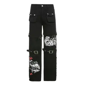 Hippie Jeans Comic Print Punk Pant Grunge Clothes Korean Fashion Straight Women Streetwear Y2k
