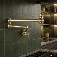 Robinet de cuisine mural pliable à double bec, en laiton brossé doré, à poignée unique, pour remplissage de casseroles, style commercial moderne