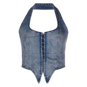 Chaleco vaquero azul desgastado personalizado para mujer con cuello halter, cuello redondo, cremallera frontal y dobladillo asimétrico, estilo corsé. - Product Image 3