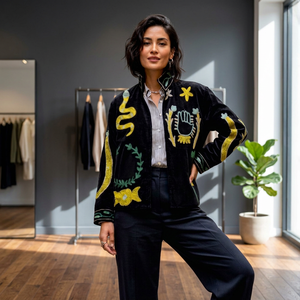 Elevated Everyday Styling <b>Velvet</b> Suzani Embroidered <b>Jacket</b> Floral Boho <b>Ladies</b> Rich Color Artisan Statement Coat For Festive Time - Product Image 2
