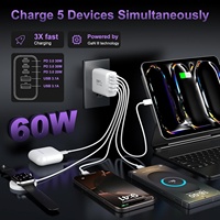 Chargeur mural pour ordinateur portable USB-C 60W à 5 ports avec charge rapide et plusieurs ports