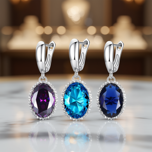 Orecchini a Clip con Cristalli Viola Lussuosi, Argento 925 Placcato Rodio, Montatura Ovale, Gioielli Classici da Donna per Uso Quotidiano - Product Image 2