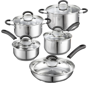 Nouvel <span class=keywords><strong>ensemble</strong></span> de cuisson au gaz moderne haut de gamme pour la maison, batterie de cuisine antiadhésive en acier inoxydable avec couvercles en verre, ustensiles de cuisine personnalisables avec logo, 10 pièces MOQ - Product Image 1