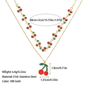 Nouveau collier pendentif cerise double couche en acier inoxydable, polyvalent et mignon, pour accessoires de bijoux féminins - Product Image 3