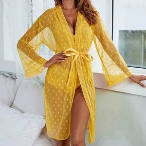 Nuevo Diseño de Vestido de Encaje, Bata Larga Transparente con Cinturón, Conjunto de Lencería Bordada con Encaje y Bata, Venta al Por Mayor - Product Image 5