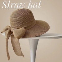 Topi pantai wanita dewasa musim panas, bertepi lebar, anti sinar matahari, dengan pita, dapat dilipat, berbulu