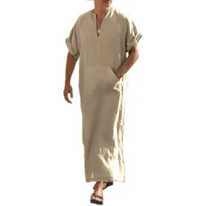 Robe en lin à col en V pour <span class=keywords><strong>homme</strong></span>, manches courtes, kaftan, thobe, longue tunique décontractée pour la plage, l'été, OEM/Personnalisé - Product Image 4