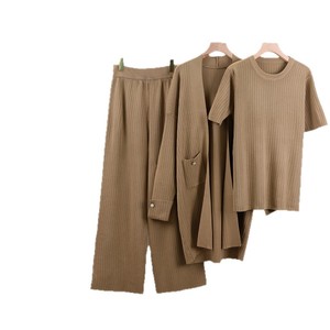 Women Knitted Sweater Set Short Sleeve Top <b>Open</b> <b>Front</b> <b>Cardigan</b> Wide Leg Pants Autumn Breathable Polyester 30-50 - Product Image 5