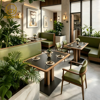 Banquette et chaise de salle à manger rembourrées vertes, table en pierre, mobilier tropical naturel pour café, bistrot, restaurant léger et pâtisserie