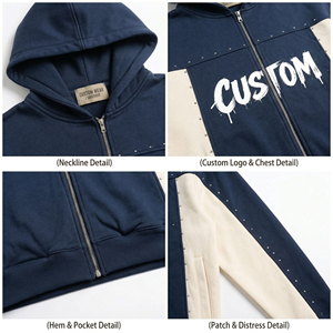Tuta Oversize Blu Navy e <span class=keywords><strong>Beige</strong></span> <span class=keywords><strong>con</strong></span> Cerniera, Set Unisex <span class=keywords><strong>con</strong></span> <span class=keywords><strong>Felpa</strong></span> <span class=keywords><strong>con</strong></span> <span class=keywords><strong>Cappuccio</strong></span> e Pantaloni a Gamba Larga <span class=keywords><strong>con</strong></span> Strass, Felpe Personalizzate <span class=keywords><strong>con</strong></span> Zip - Product Image 4