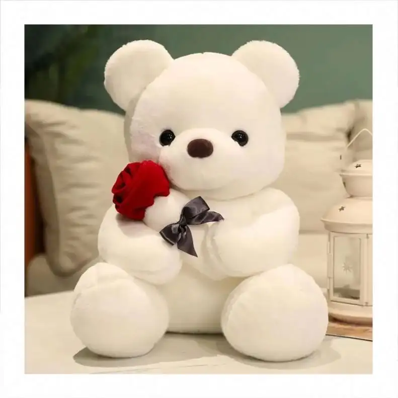 Grosir 35cm mainan boneka lembut Valentine beruang Teddy dengan bunga mawar untuk pacar