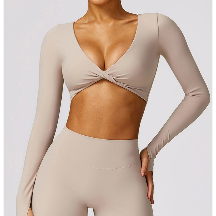 Customized Lightweight Plus Size 4-Way Stretch Quick Dry Yoga Long Sleeve Top Front Knot Design Thumbhole Cuffs Sexy Built Bra